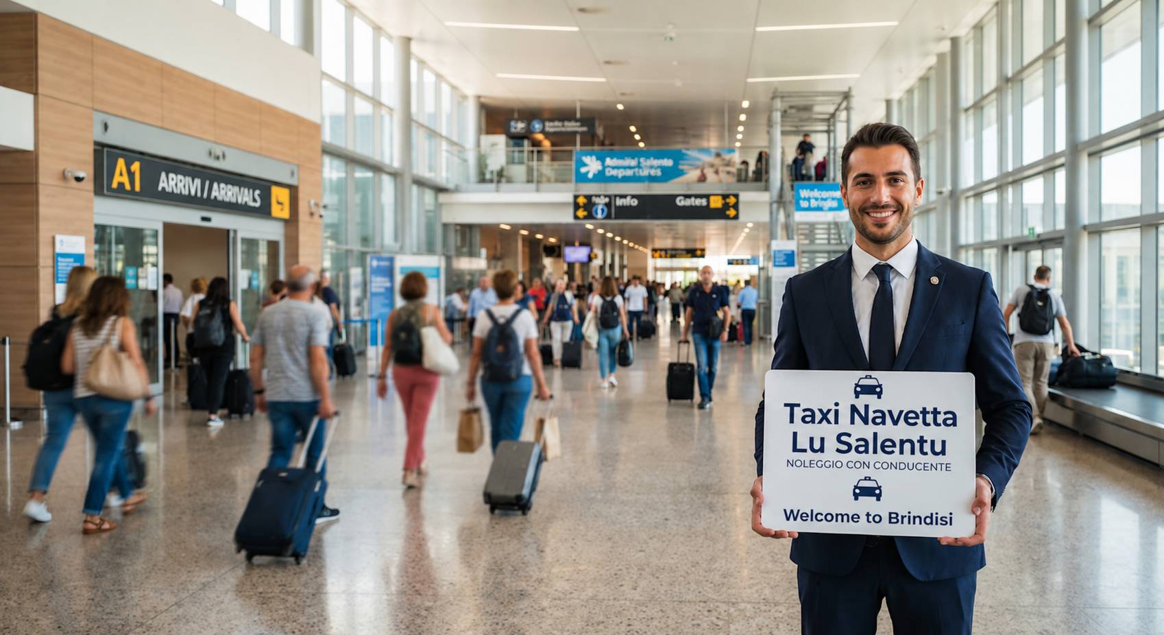 Area arrivi dell'aeroporto di Brindisi con l'autista NCC in attesa